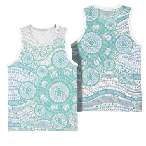 Australian Indigenous Aboriginal Art Basketball Jersey Vivid Pastel Teal Green