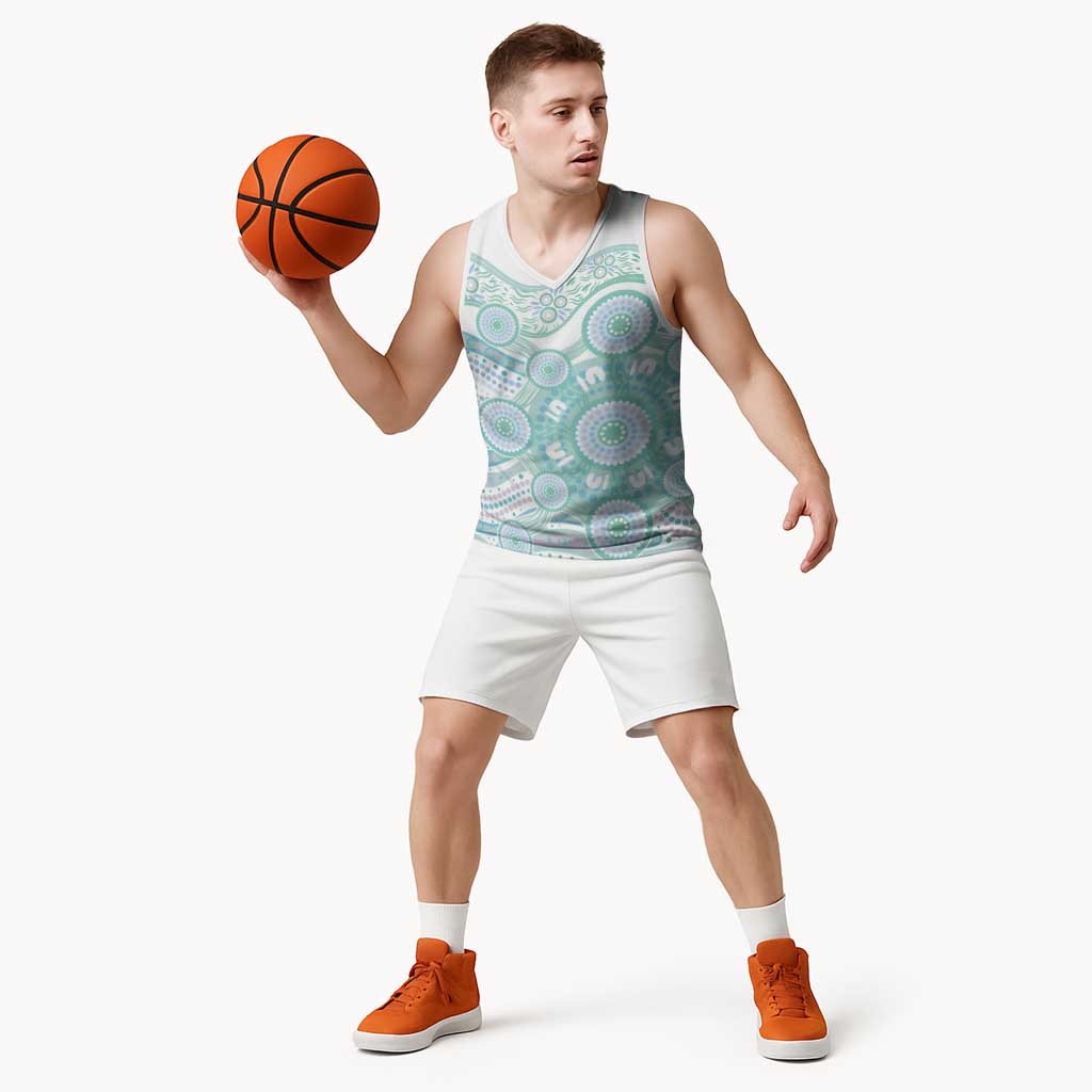 Australian Indigenous Aboriginal Art Basketball Jersey Vivid Pastel Teal Green