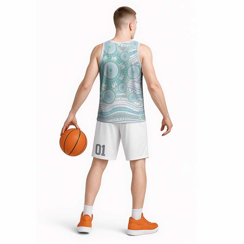 Australian Indigenous Aboriginal Art Basketball Jersey Vivid Pastel Teal Green