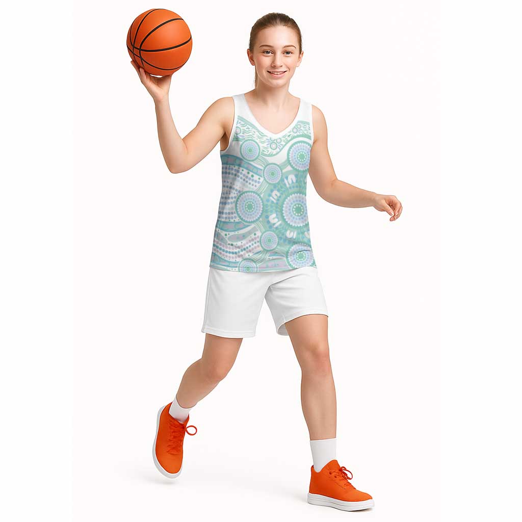 Australian Indigenous Aboriginal Art Basketball Jersey Vivid Pastel Teal Green