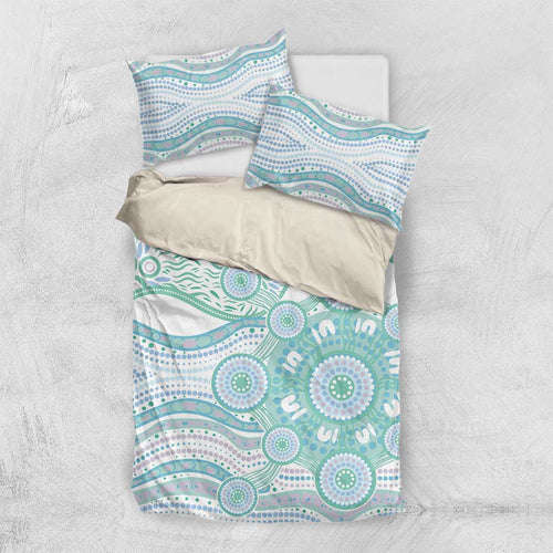Australian Indigenous Aboriginal Art Bedding Set Vivid Pastel Teal Green