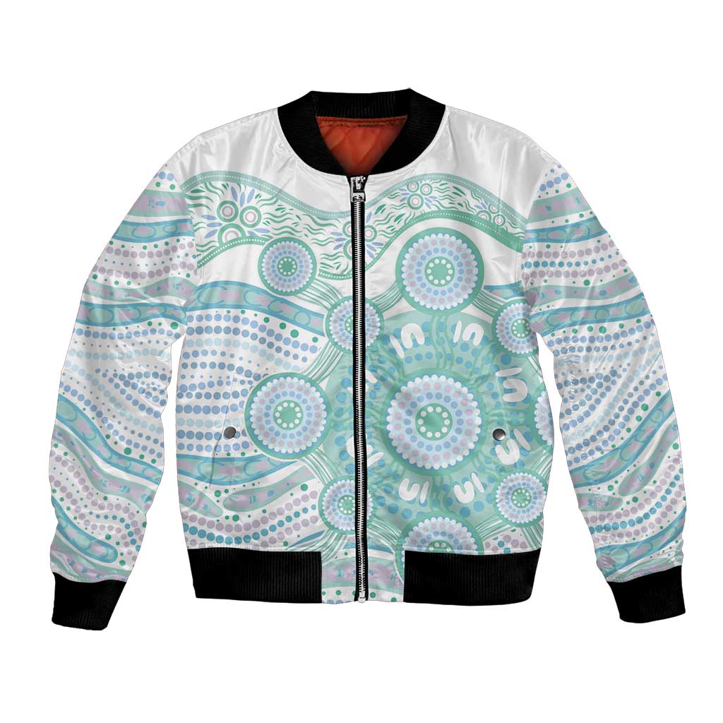 Australian Indigenous Aboriginal Art Bomber Jacket Vivid Pastel Teal Green
