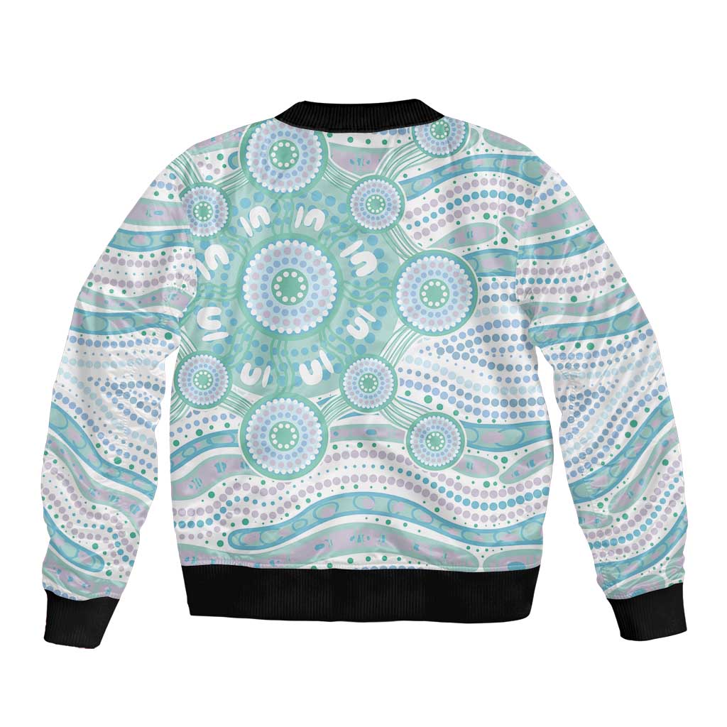 Australian Indigenous Aboriginal Art Bomber Jacket Vivid Pastel Teal Green