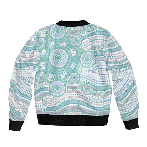 Australian Indigenous Aboriginal Art Bomber Jacket Vivid Pastel Teal Green