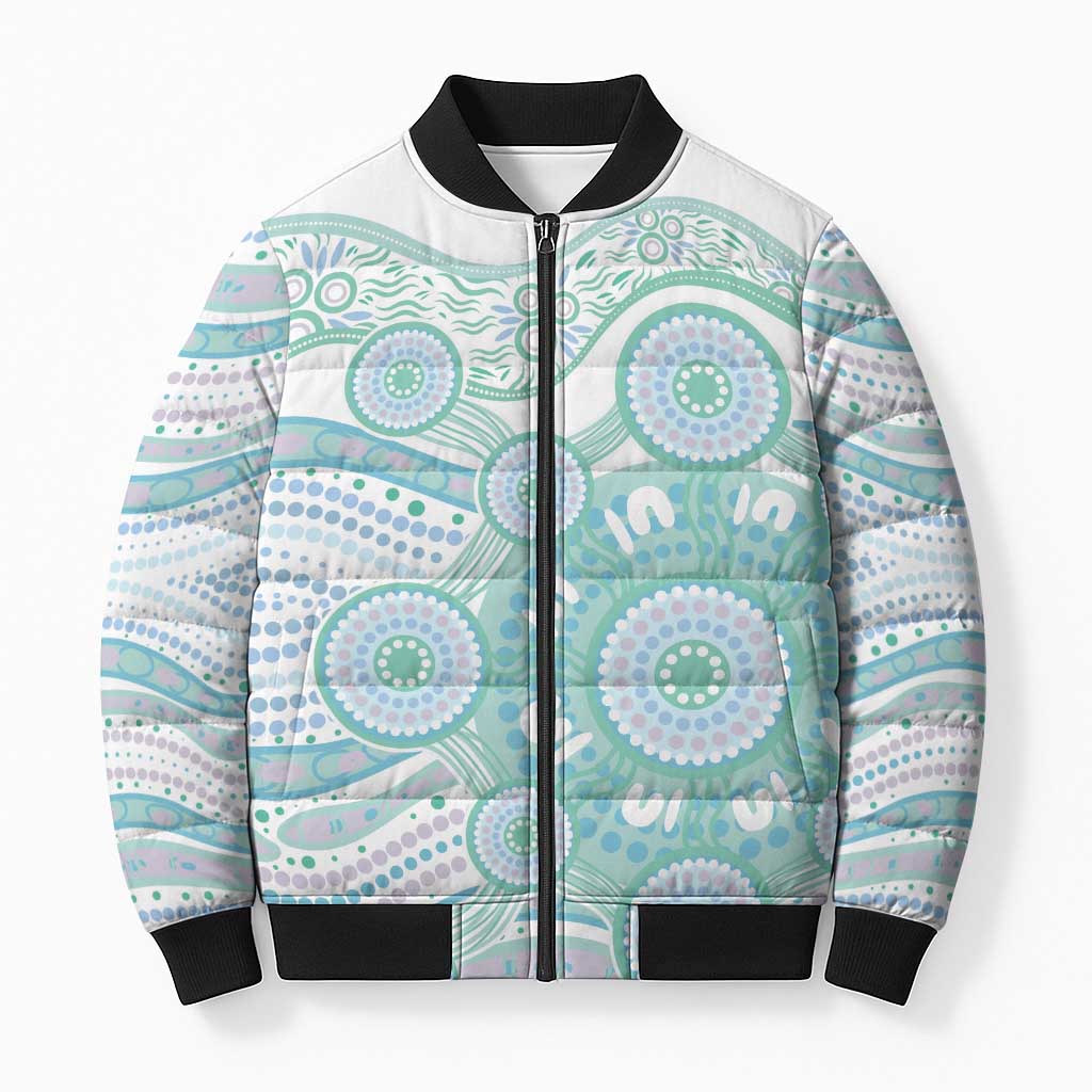 Australian Indigenous Aboriginal Art Bomber Puffer Jacket Vivid Pastel Teal Green