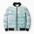 Australian Indigenous Aboriginal Art Bomber Puffer Jacket Vivid Pastel Teal Green