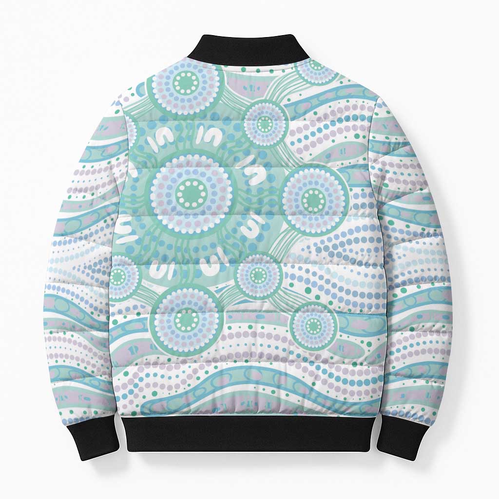 Australian Indigenous Aboriginal Art Bomber Puffer Jacket Vivid Pastel Teal Green