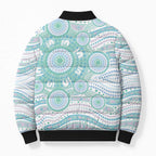 Australian Indigenous Aboriginal Art Bomber Puffer Jacket Vivid Pastel Teal Green
