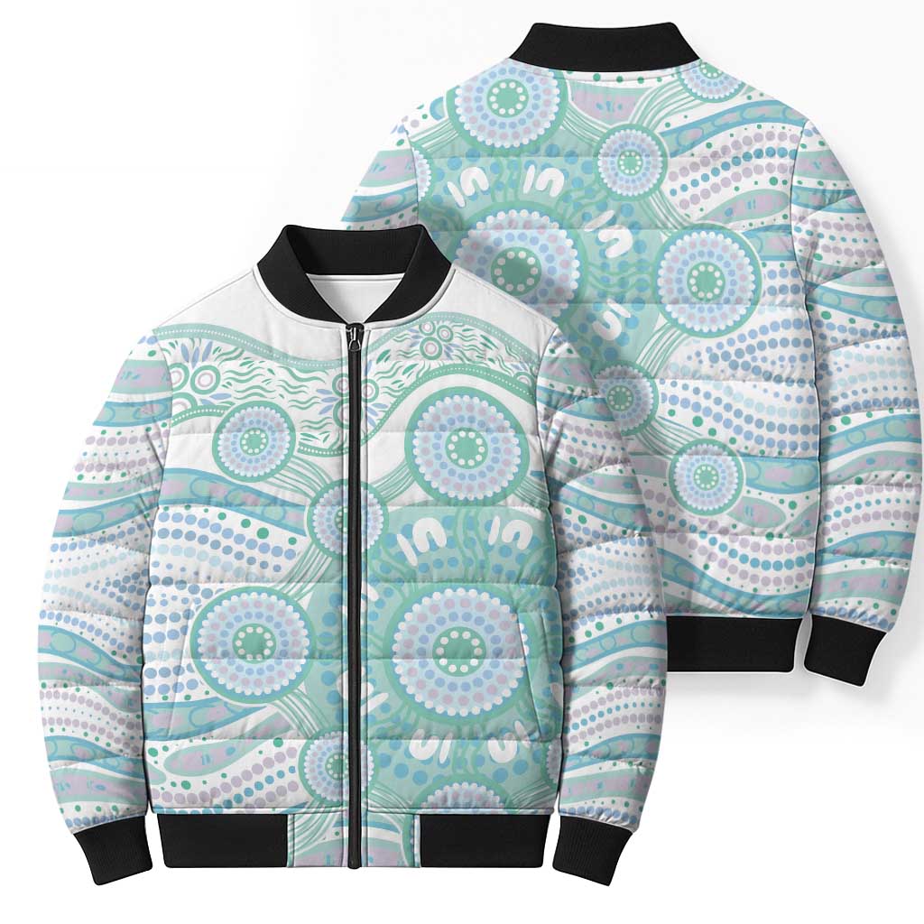 Australian Indigenous Aboriginal Art Bomber Puffer Jacket Vivid Pastel Teal Green