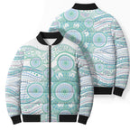 Australian Indigenous Aboriginal Art Bomber Puffer Jacket Vivid Pastel Teal Green