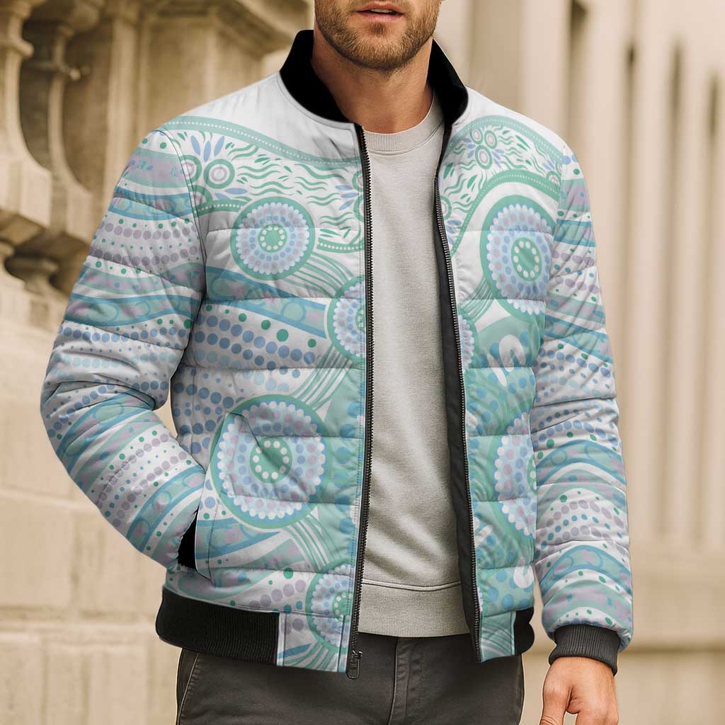 Australian Indigenous Aboriginal Art Bomber Puffer Jacket Vivid Pastel Teal Green