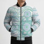 Australian Indigenous Aboriginal Art Bomber Puffer Jacket Vivid Pastel Teal Green