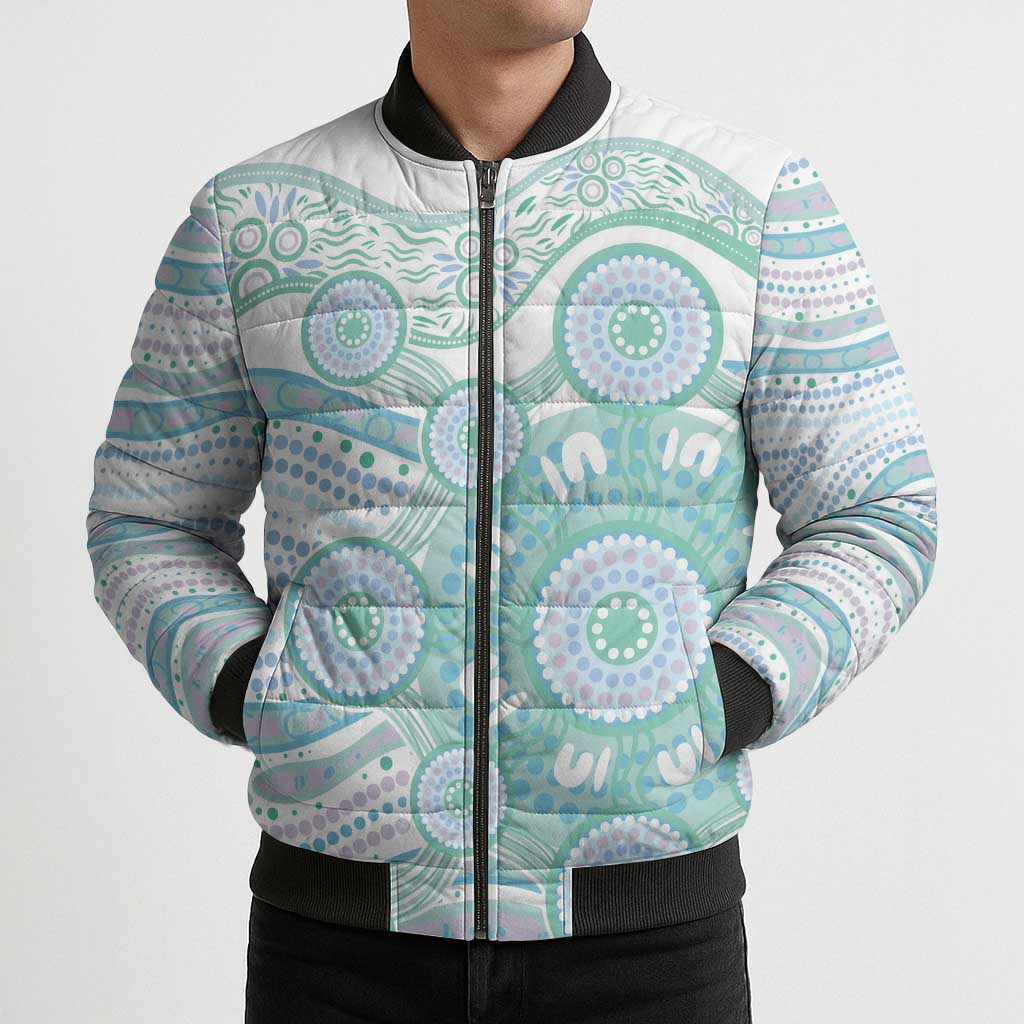Australian Indigenous Aboriginal Art Bomber Puffer Jacket Vivid Pastel Teal Green
