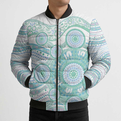Australian Indigenous Aboriginal Art Bomber Puffer Jacket Vivid Pastel Teal Green