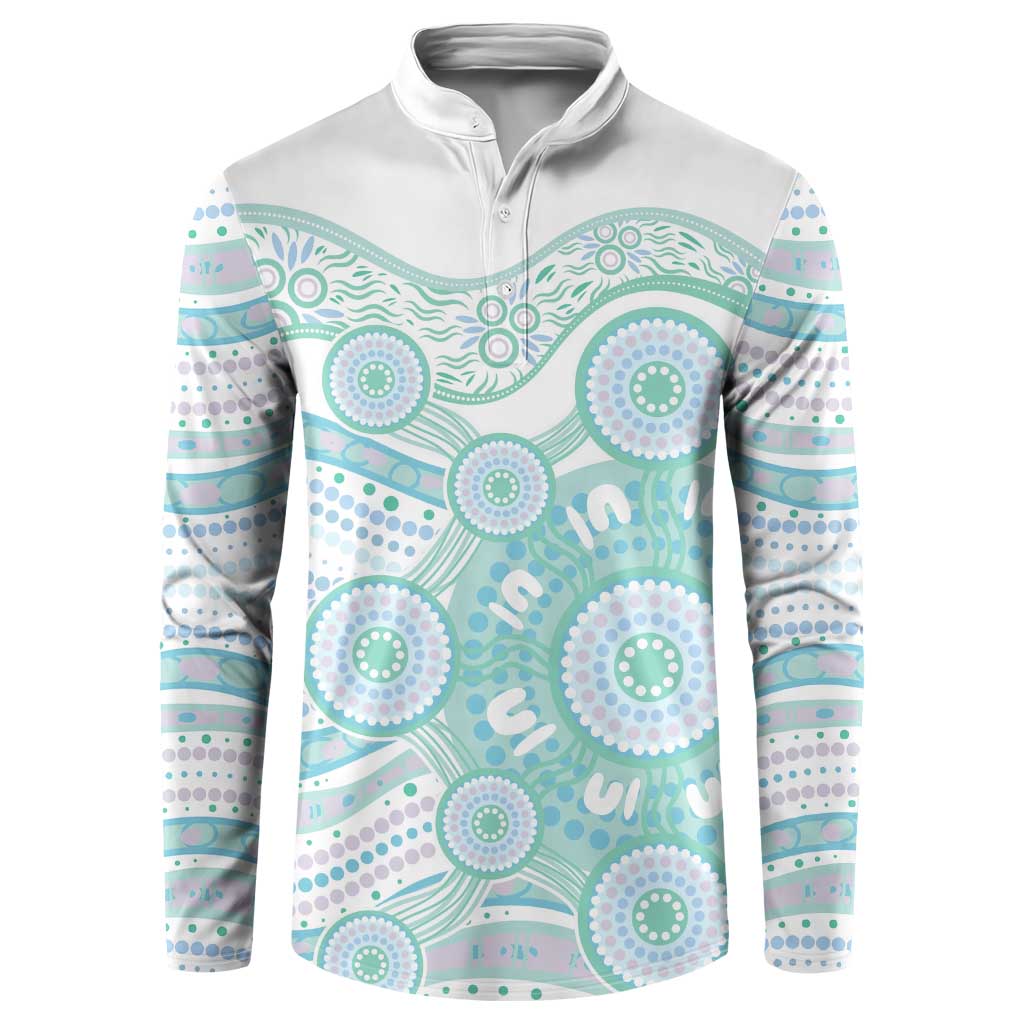 Australian Indigenous Aboriginal Art Button Sweatshirt Vivid Pastel Teal Green