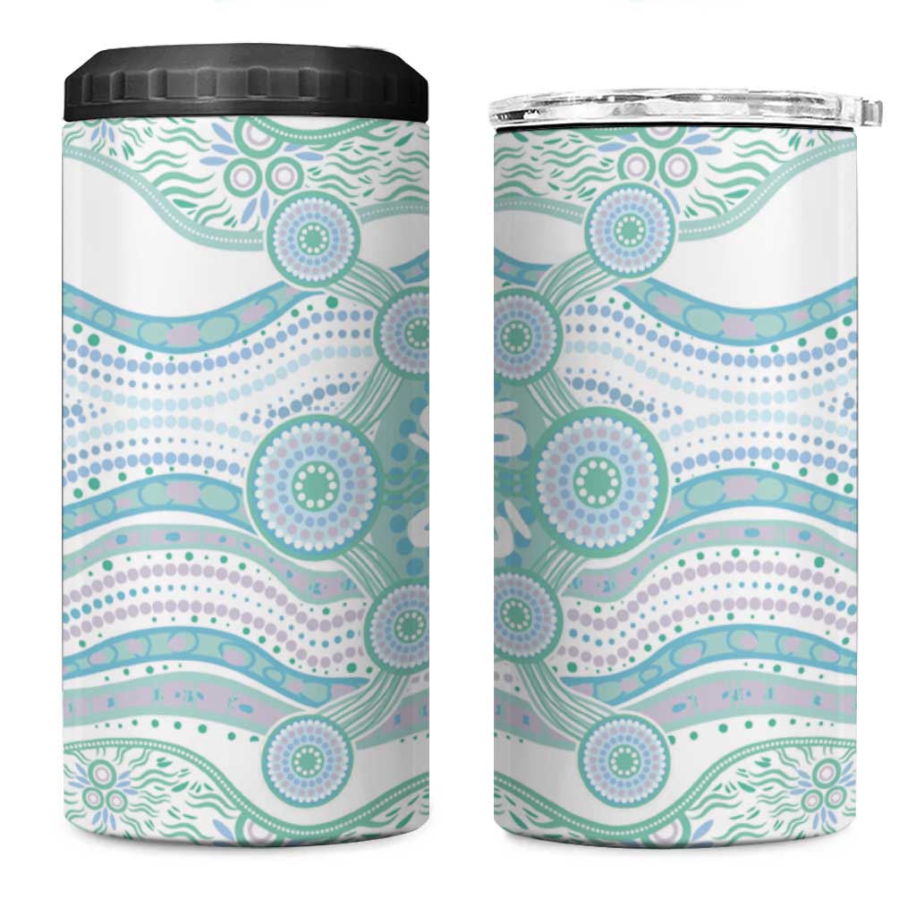 Australian Indigenous Aboriginal Art 4 in 1 Can Cooler Tumbler Vivid Pastel Teal Green