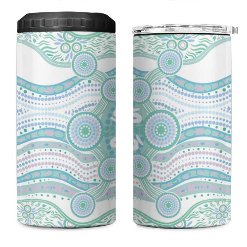 Australian Indigenous Aboriginal Art 4 in 1 Can Cooler Tumbler Vivid Pastel Teal Green