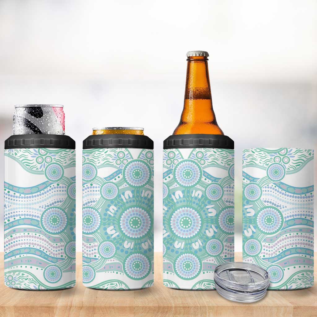 Australian Indigenous Aboriginal Art 4 in 1 Can Cooler Tumbler Vivid Pastel Teal Green