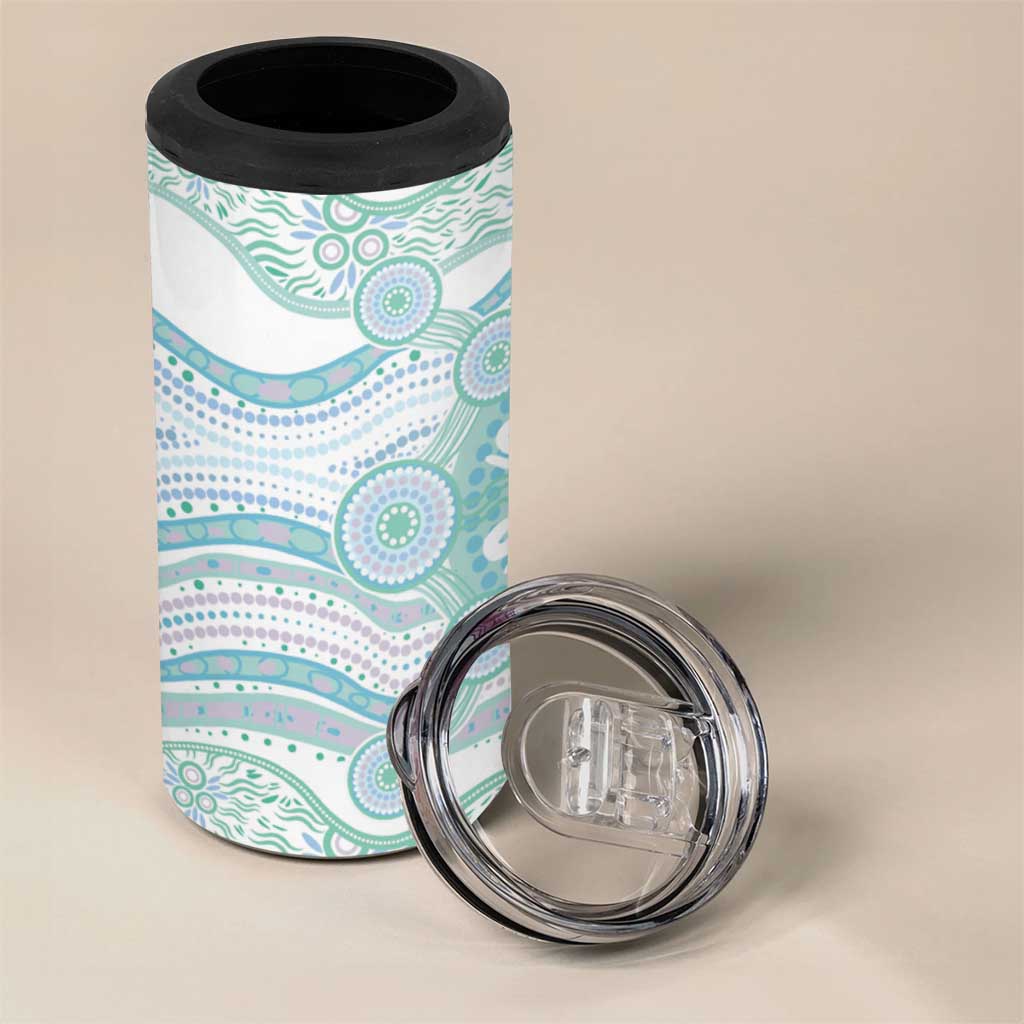Australian Indigenous Aboriginal Art 4 in 1 Can Cooler Tumbler Vivid Pastel Teal Green