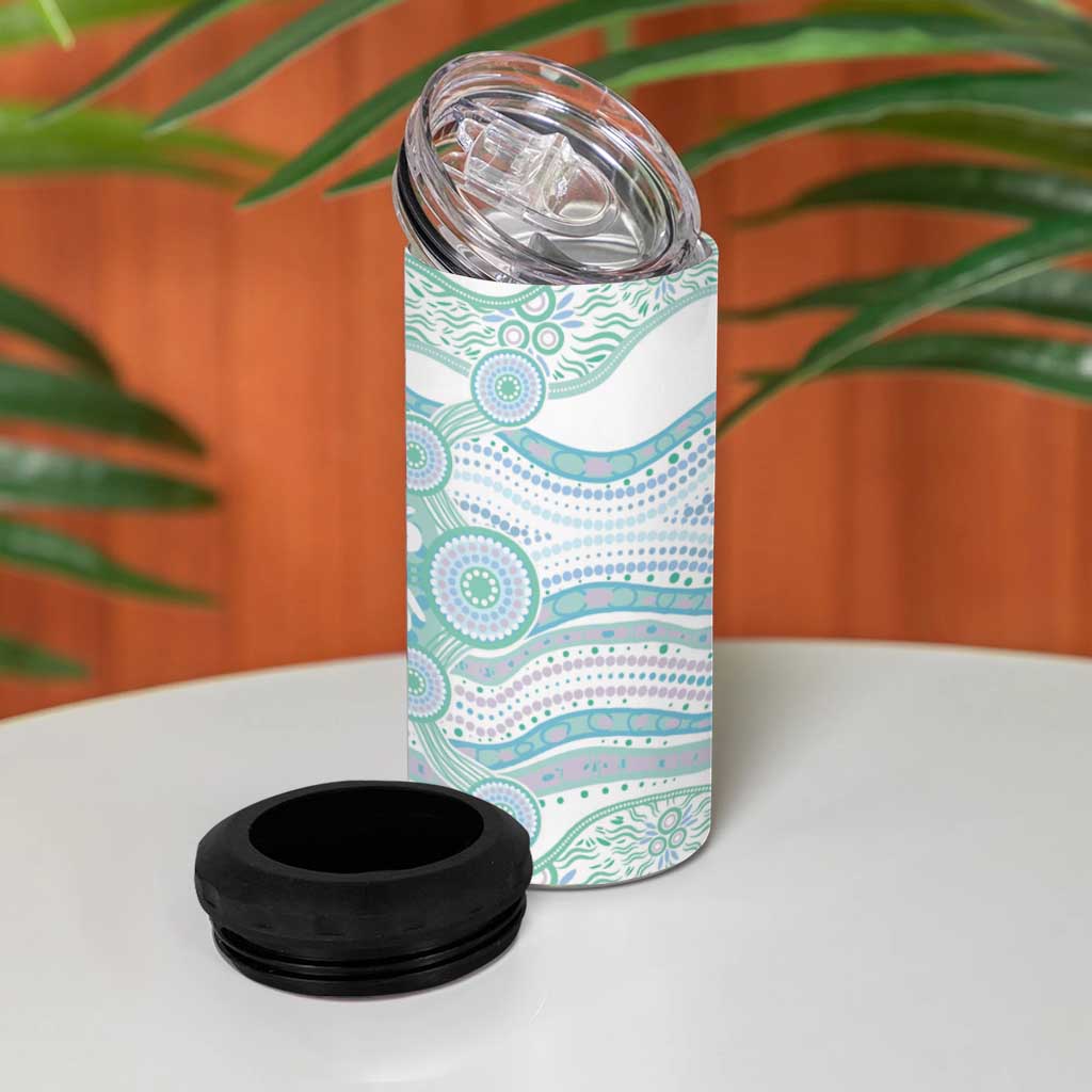 Australian Indigenous Aboriginal Art 4 in 1 Can Cooler Tumbler Vivid Pastel Teal Green