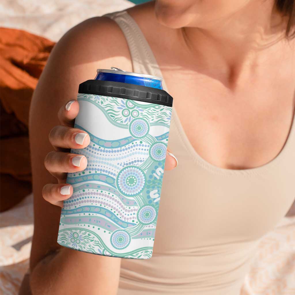 Australian Indigenous Aboriginal Art 4 in 1 Can Cooler Tumbler Vivid Pastel Teal Green