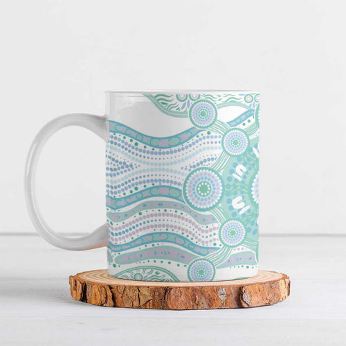 Australian Indigenous Aboriginal Art Ceramic Mug Vivid Pastel Teal Green