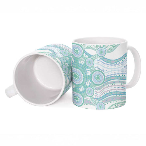 Australian Indigenous Aboriginal Art Ceramic Mug Vivid Pastel Teal Green