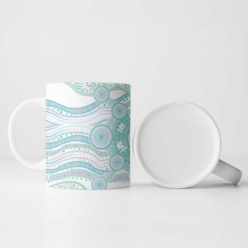 Australian Indigenous Aboriginal Art Ceramic Mug Vivid Pastel Teal Green