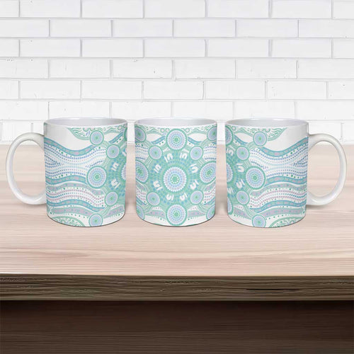 Australian Indigenous Aboriginal Art Ceramic Mug Vivid Pastel Teal Green