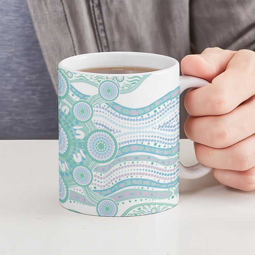 Australian Indigenous Aboriginal Art Ceramic Mug Vivid Pastel Teal Green