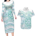 Australian Indigenous Aboriginal Art Couples Matching Long Sleeve Bodycon Dress and Hawaiian Shirt Vivid Pastel Teal Green