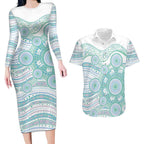 Australian Indigenous Aboriginal Art Couples Matching Long Sleeve Bodycon Dress and Hawaiian Shirt Vivid Pastel Teal Green