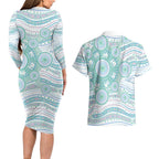 Australian Indigenous Aboriginal Art Couples Matching Long Sleeve Bodycon Dress and Hawaiian Shirt Vivid Pastel Teal Green