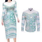Australian Indigenous Aboriginal Art Couples Matching Long Sleeve Bodycon Dress and Long Sleeve Button Shirt Vivid Pastel Teal Green