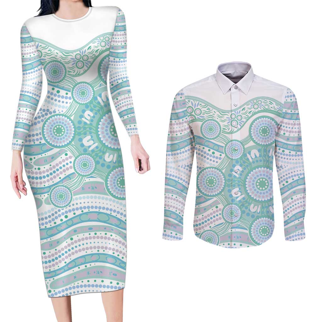 Australian Indigenous Aboriginal Art Couples Matching Long Sleeve Bodycon Dress and Long Sleeve Button Shirt Vivid Pastel Teal Green