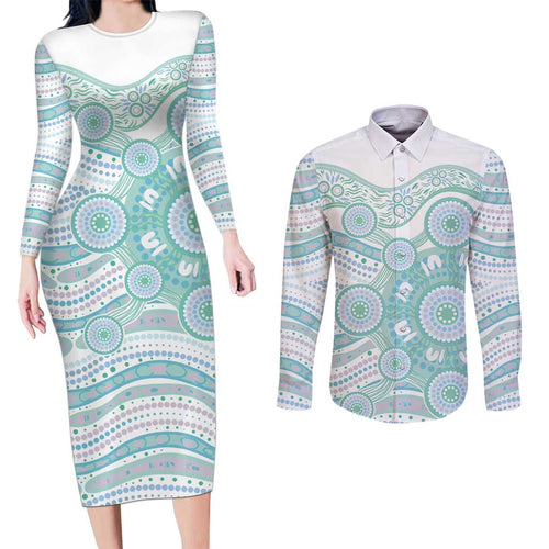 Australian Indigenous Aboriginal Art Couples Matching Long Sleeve Bodycon Dress and Long Sleeve Button Shirt Vivid Pastel Teal Green