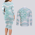 Australian Indigenous Aboriginal Art Couples Matching Long Sleeve Bodycon Dress and Long Sleeve Button Shirt Vivid Pastel Teal Green