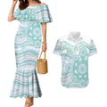 Australian Indigenous Aboriginal Art Couples Matching Mermaid Dress and Hawaiian Shirt Vivid Pastel Teal Green