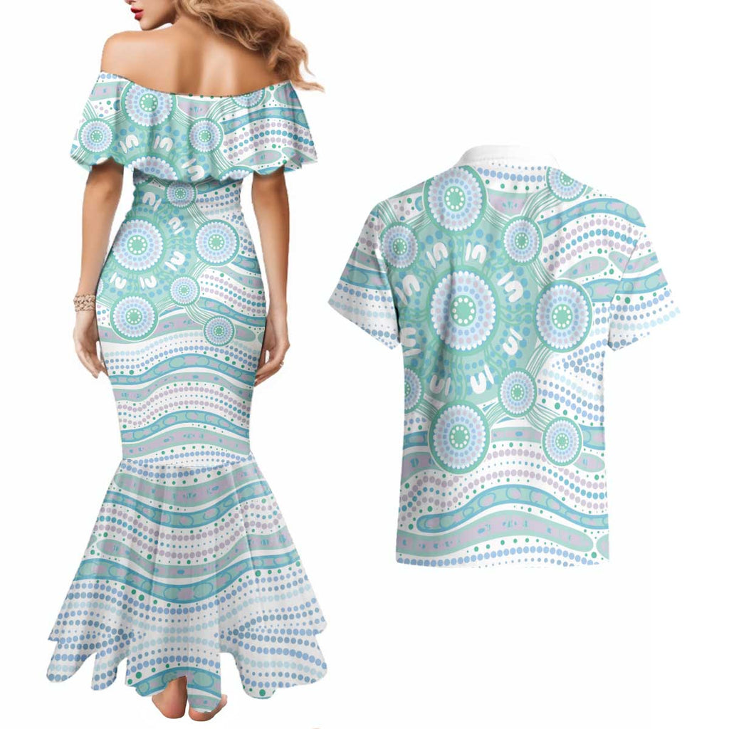 Australian Indigenous Aboriginal Art Couples Matching Mermaid Dress and Hawaiian Shirt Vivid Pastel Teal Green