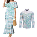 Australian Indigenous Aboriginal Art Couples Matching Mermaid Dress and Long Sleeve Button Shirt Vivid Pastel Teal Green