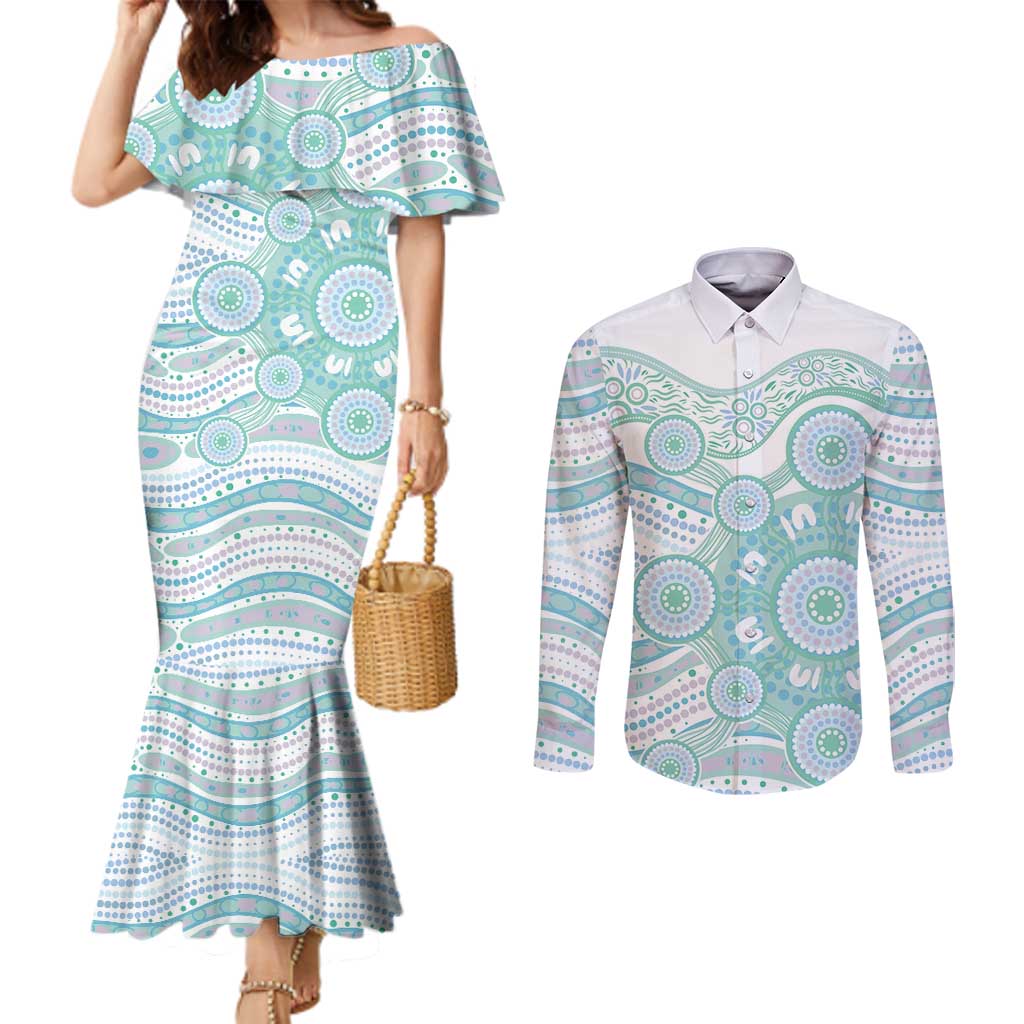 Australian Indigenous Aboriginal Art Couples Matching Mermaid Dress and Long Sleeve Button Shirt Vivid Pastel Teal Green