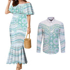 Australian Indigenous Aboriginal Art Couples Matching Mermaid Dress and Long Sleeve Button Shirt Vivid Pastel Teal Green