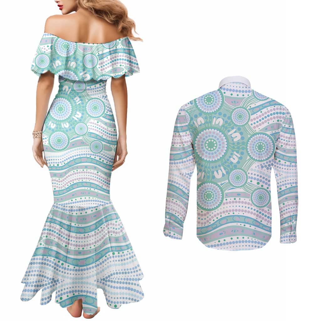 Australian Indigenous Aboriginal Art Couples Matching Mermaid Dress and Long Sleeve Button Shirt Vivid Pastel Teal Green