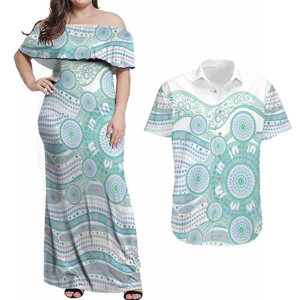 Australian Indigenous Aboriginal Art Couples Matching Off Shoulder Maxi Dress and Hawaiian Shirt Vivid Pastel Teal Green