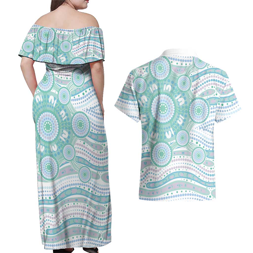Australian Indigenous Aboriginal Art Couples Matching Off Shoulder Maxi Dress and Hawaiian Shirt Vivid Pastel Teal Green