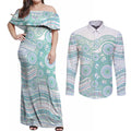 Australian Indigenous Aboriginal Art Couples Matching Off Shoulder Maxi Dress and Long Sleeve Button Shirt Vivid Pastel Teal Green