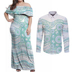 Australian Indigenous Aboriginal Art Couples Matching Off Shoulder Maxi Dress and Long Sleeve Button Shirt Vivid Pastel Teal Green