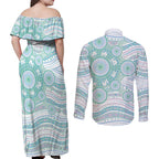 Australian Indigenous Aboriginal Art Couples Matching Off Shoulder Maxi Dress and Long Sleeve Button Shirt Vivid Pastel Teal Green