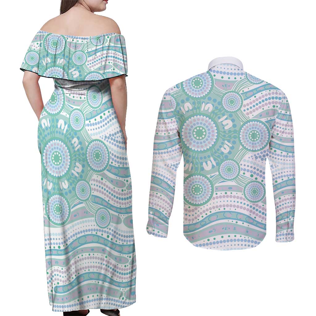 Australian Indigenous Aboriginal Art Couples Matching Off Shoulder Maxi Dress and Long Sleeve Button Shirt Vivid Pastel Teal Green