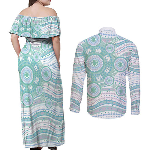 Australian Indigenous Aboriginal Art Couples Matching Off Shoulder Maxi Dress and Long Sleeve Button Shirt Vivid Pastel Teal Green